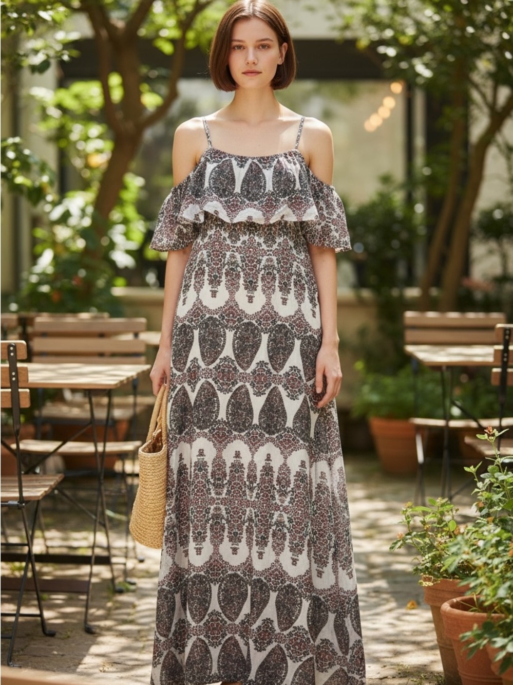 Banana Republic Factory Off-Shoulder Printed Maxi Dress in Cream and Black